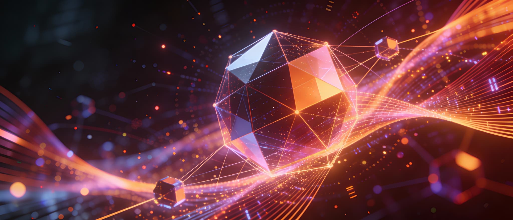 Abstract illustration of a glowing faceted polyhedron connected by thin lines to smaller cubes, surrounded by flowing orange and purple light streams