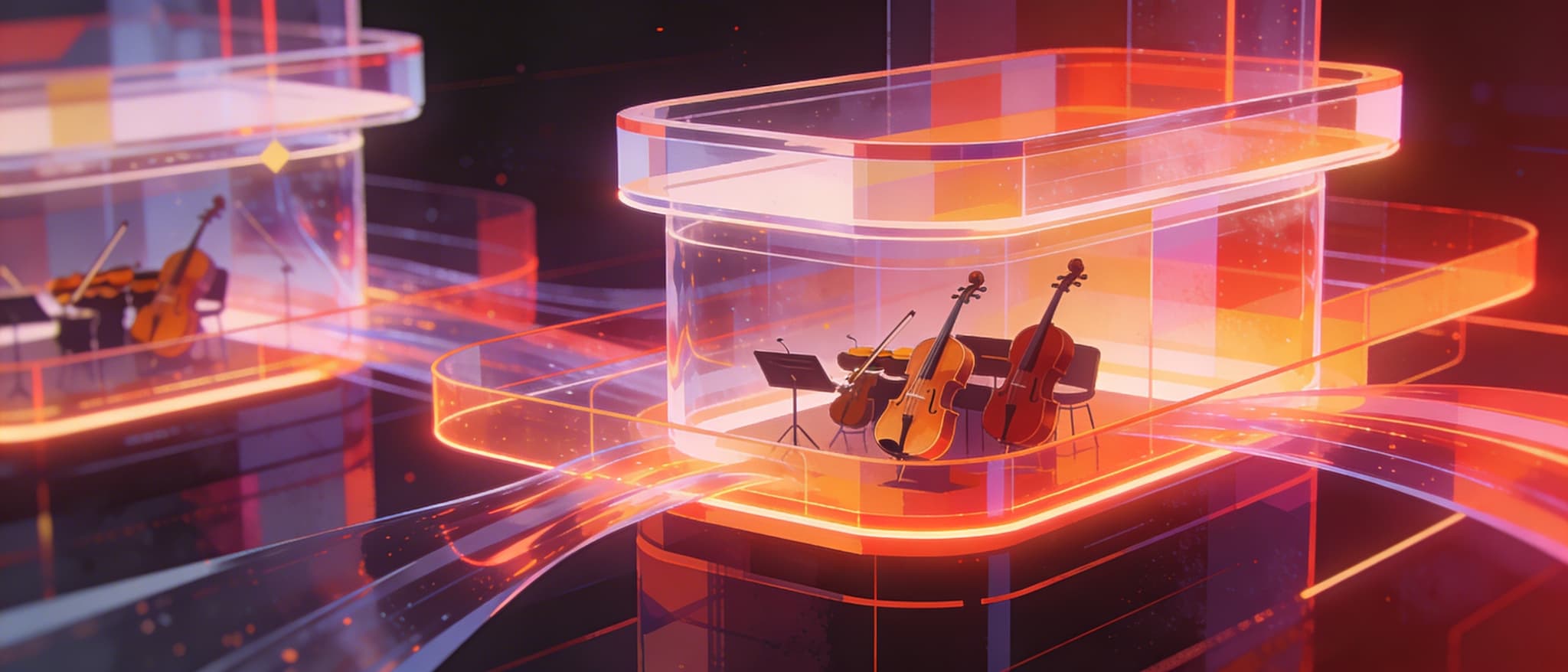 Illustration of string instruments and music stands inside glowing translucent containers joined by orange and purple light trails
