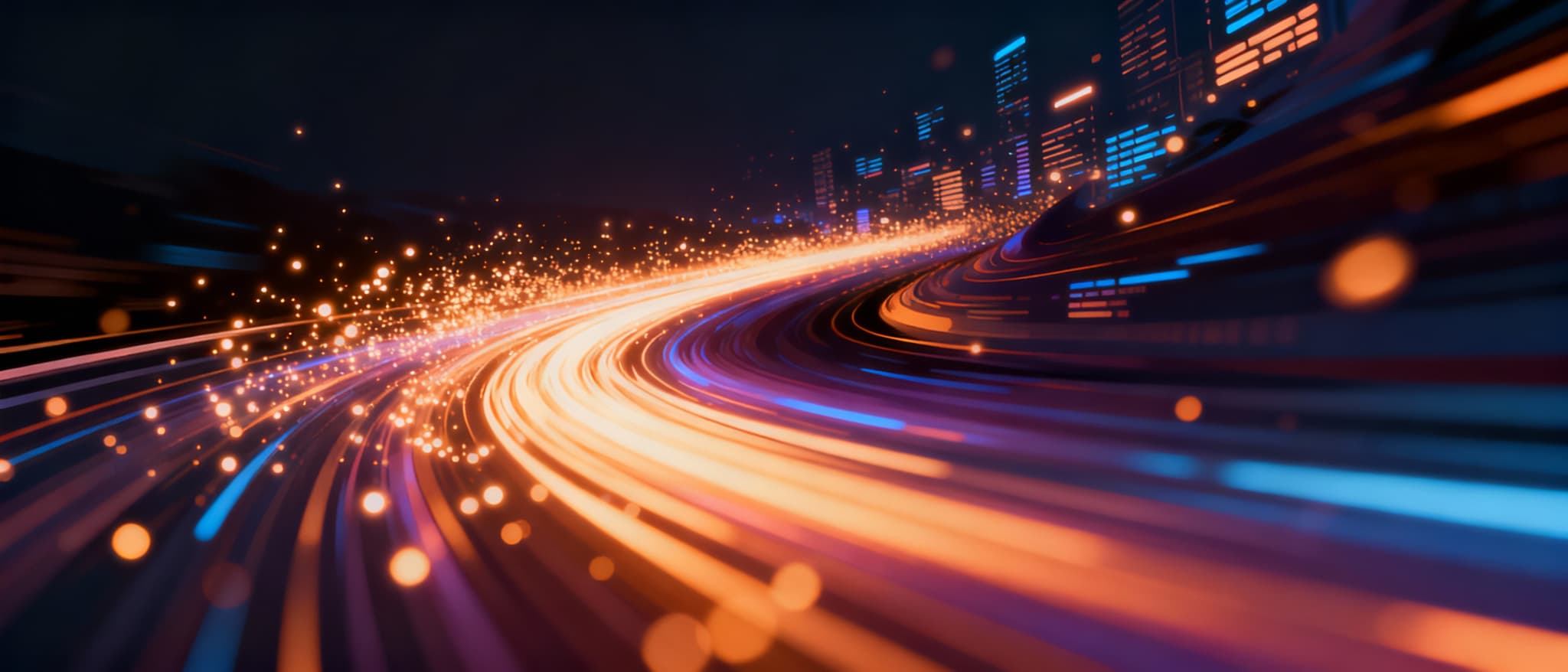 Abstract illustration of orange and blue light trails curving towards a city skyline at night